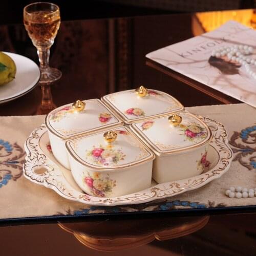 European style ceramic dry fruit tray divided fruit tray with cover nut melon seed tray candy dry fruit box living room
