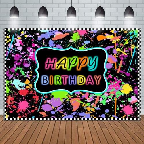 Paint Splatter Happy Birthday Photography Backdrop Colorful Neon Glow Graffiti Abstract Splash Painting Background Party Banner