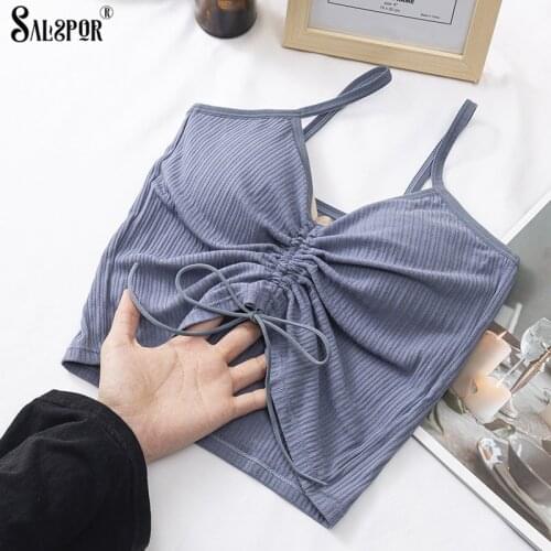 SALSPOR Drawstring Sexy Tank Top Women Push Up One-Piece Seamless Vest Knitted Padded All-Match Camisole
