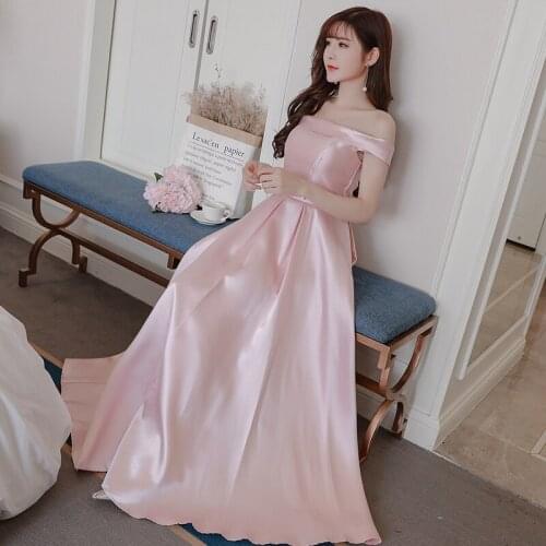 Fashion Long Satin Simple off the shoulder Ladies Summer Dress Women Prom Party Dresses Clothes elegant Graduation Hostess 9889