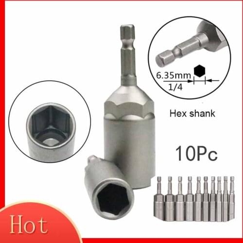 10Pc 1/4 Inch Wrench Hex Bit Socket Set Deep Long 1/2 Inch Impact Drill Socket Adapter Drill Bits