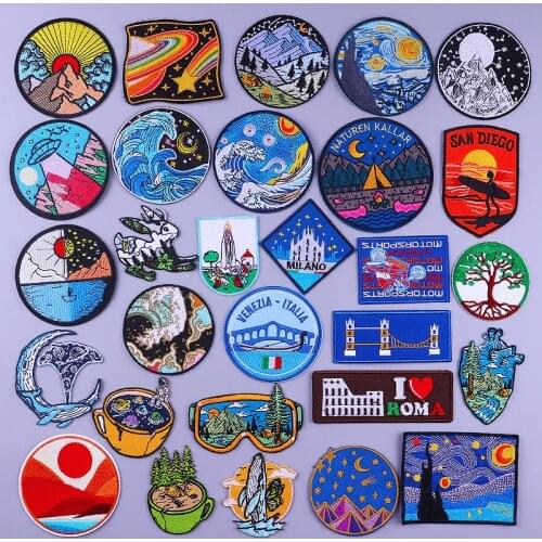Prajna Van Gogh Patch Mountain Embroidery Patches for Clothing Thermoadhesive Patches DIY Iron On Patches On Clothes Wave Badges