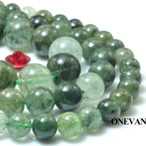 ONEVAN Natural Green Rutilated Quartz Beads Smooth Loose Stone Bracelet Necklace Jewelry Making Diy Accessories Gift Design