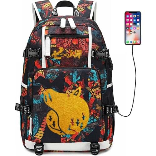 The Seven Deadly Sins Gold Print Nylon School Bags USB Charging Laptop Backpack Large Anime Travel Bagpack Men Bookbag Rugzak
