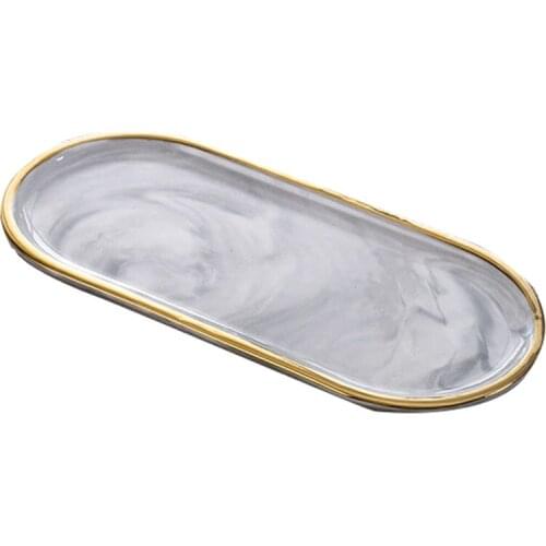Nordic Style Gold-Plated Oval Plate Creative Ceramic Plate Marbled Western Dish Snack Plate Cake Storage Tray Jewelry Tray Decor
