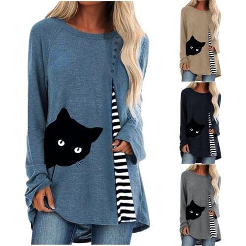 New Fashion Cat Print Blouses Stripe Patchwork Long Sleeve Tunic Tops Casual Spring Womens Shirt 5xl Plus Size Roupas Femininas