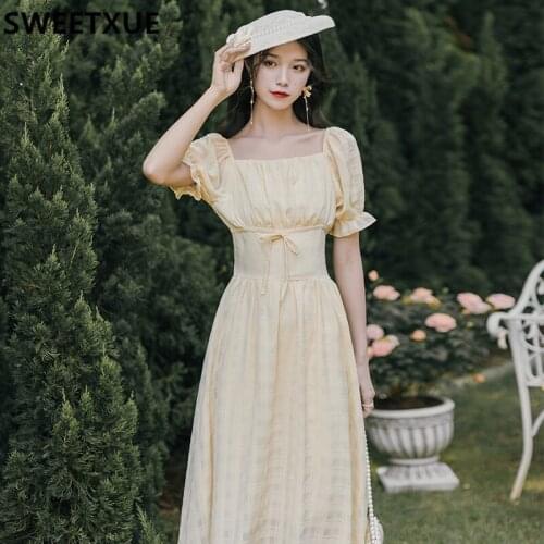 SWEETXUE 2021 Summer New Womens French Romantic Retro Square Neck Puff Sleeves Party Sweet Cute Kawaii Chic Dress Female