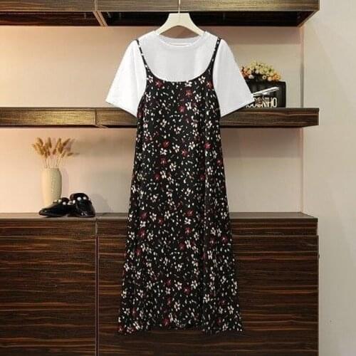 2021 summer new fashion casual plus size womens western style floral dress short-sleeved T-shirt suspender skirt two-piece suit