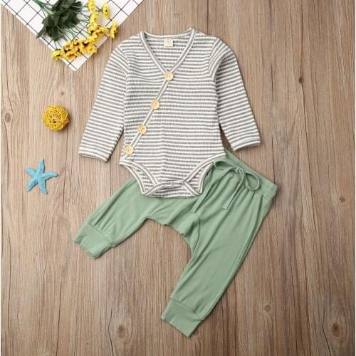 Pudcoco Newborn Baby Boy Clothes Striped Long Sleeve Button Romper Tops Solid Color Long Pants 2Pcs Outfits Cotton Clothes