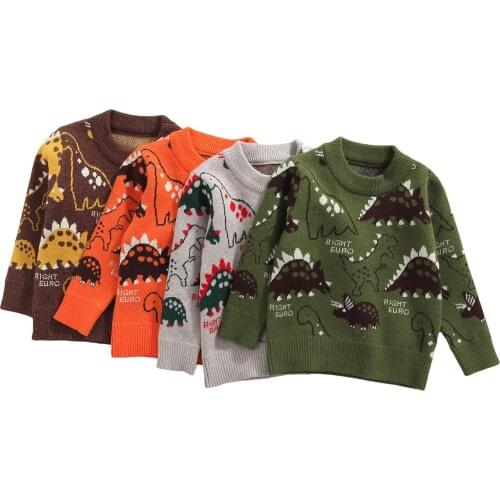 Infant Kids Baby Boys Casual Round Collar Sweater, Dinosaur and Letters Printed Pattern Knitted Pullover 1-5T