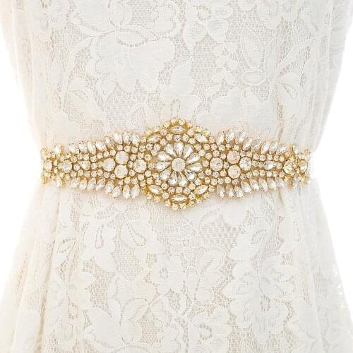 SESTHFAR Rhinestones Wedding Dress Belt Gold Crystal Bridal Belt Diamond Bridal Sash For Wedding Decoration J137G
