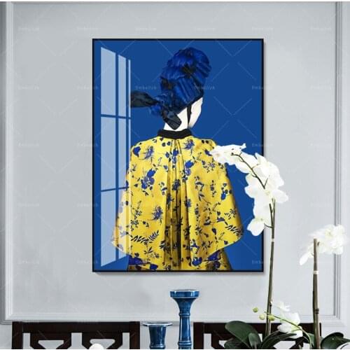 Traditional Chinese Beautiful Ancient yellow Costumes blue pattern Cotton Painting Abstract Posters Wall Pictures For Home Decor