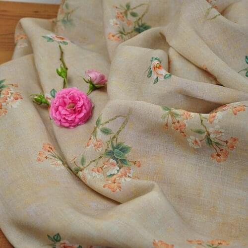 High quality natural pure ramie fabric White orange flower print patchwork Designer custom skirt shirt dress sewing