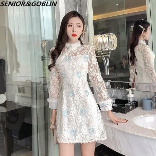 High quality 2020 Autumn Chinese Dress Plus Size Modern Qipao Dress Women Lace Embroidery Cheongsam Traditional Retro Dres