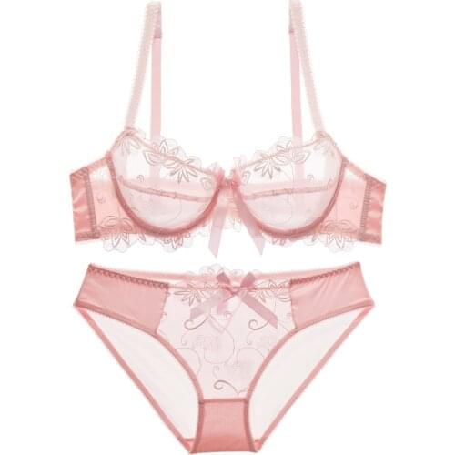 Explosion models ultra-thin transparent gathered bra set sexy large size no sponge mesh underwear lace lingerie set