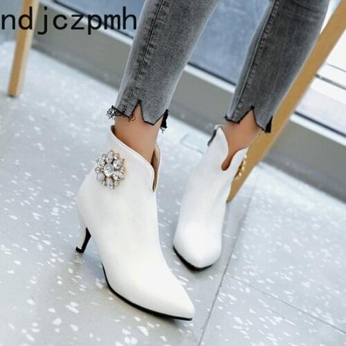 Ankle Boots Autumn and Winter The New Fashion Pointed Zipper Crystal Fine Heel Mid Heel Short Tube Womens Shoes Size 33-48