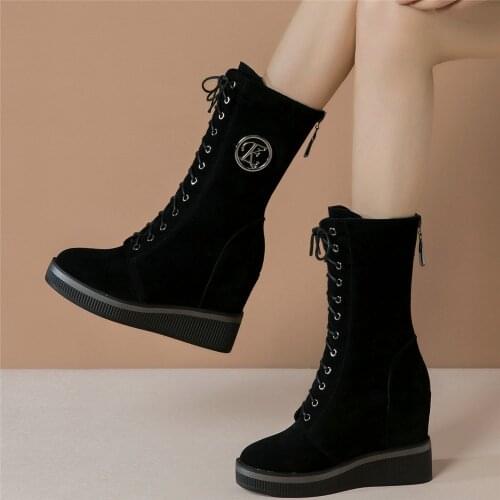 Women Lace Up Black Genuine Leather Wedges High Heel Motorcycle Boots Female High Top Round Toe Fashion Sneakers Casual Shoes