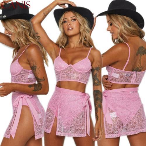 Women 2PCS Mesh Sheer Buckles Crop Top Bodycon Skirt Co Ord Set Party s