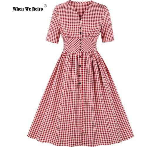Retro High Waist Red Plaid Single Breasted Tunic Pleated Dress Women V-Neck Half Sleeve Vintage Gingham Print Dresses VD2259