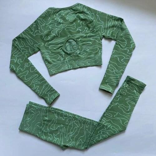 2PCS/Set of Curved Jacquard Women Long Sleeve Sports Suit Yoga Suit Gym Workout Clothes Sportswear High Waist Hip Legging