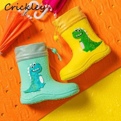Fashion Boys Girls Rain Boots Cartoon Dinosaur EVA Soft Light Rain Shoes Kids Lace Up Waterproof Non Slip Children Boots