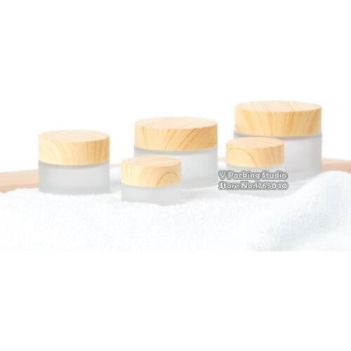 Wooden Frosted Glass Bottles Cream Jars with Wood Texture Lid, Empty Cosmetic Comtainers, Translucent glass Case 200pcs/lot