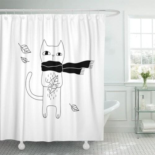 Cartoon Cat Drawing Hipster in Scarf Cute Black Waterproof Polyester Fabric Shower Curtain 60 x 72 inches Set with Hooks