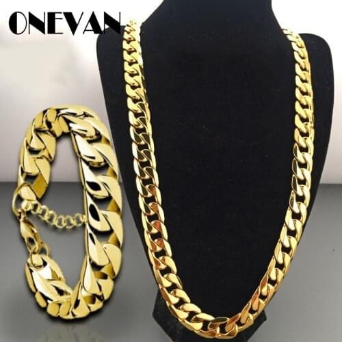 Fashion Hip Hop Chains Necklace&Bracelet Set Gold Plating Curb Cuban Long Necklace DIY Chain Charm Punk Style Men Women Jewelry