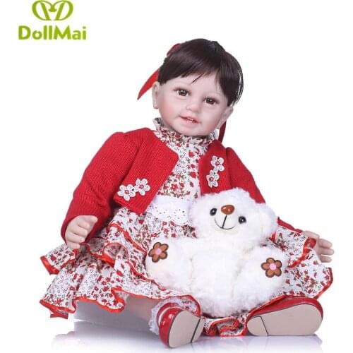 Lovely reborn baby girl dolls 22"55cm silicone reborn baby doll with red dress white bear plush Bebes reborn bonecas kids gift