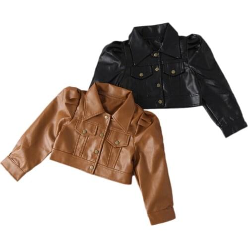 2021 Fashion Kids Girls PU Leather Jacket 2-7Y New Solid Color Turn-Down Collar Long Sleeve Single Breasted Jacket