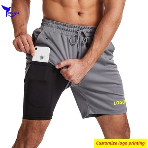 Custom LOGO Double Layer Running Shorts Men with Pockets Quick Dry Liner Training Short Pants Breathable Gym Fitness Sportswear