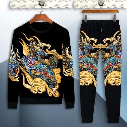 Autumn and winter long sleeve two-piece mens suit mens 3D Chinese style colorful dragon leisure sports suit