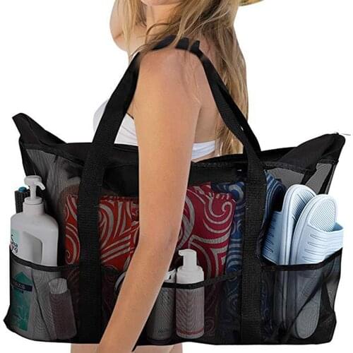 2021 New 8 Pockets Summer Large Beach Bag For Towels Mesh Durable Beach Bag For Toys Waterproof Underwear Pocket Beach Tote Bag