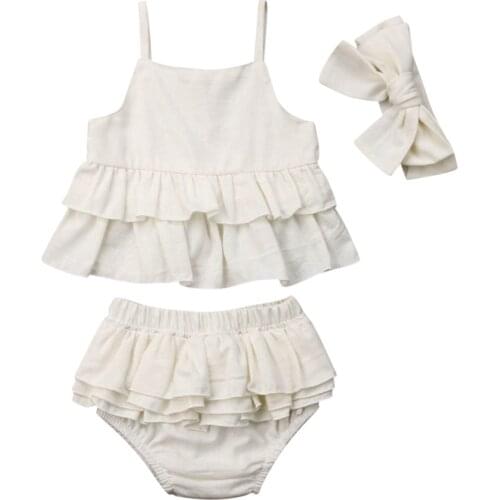 6 M-4 Y Toddler Kid Baby Girl Skirt Outfit New Sunsuit Causal Cotton White Clothes Headband Ruffle Sleeveless Sling Tops Pants
