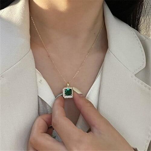 Square Green Crystal Necklaces Rhinestone Geometric Pendant Necklaces for Women Box Vintage Necklace 2021 Charm Jewelry Hot Sale