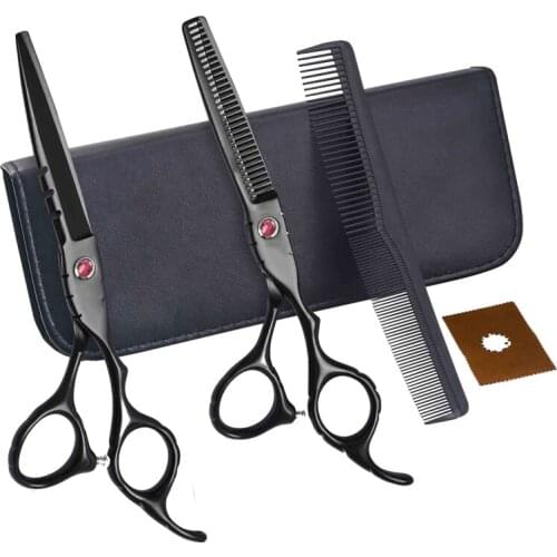 6 Inch Black Best Professional Serrated Stainless Steel Hair Cutting Thinning Trimmer Barber Hair Scissors Set
