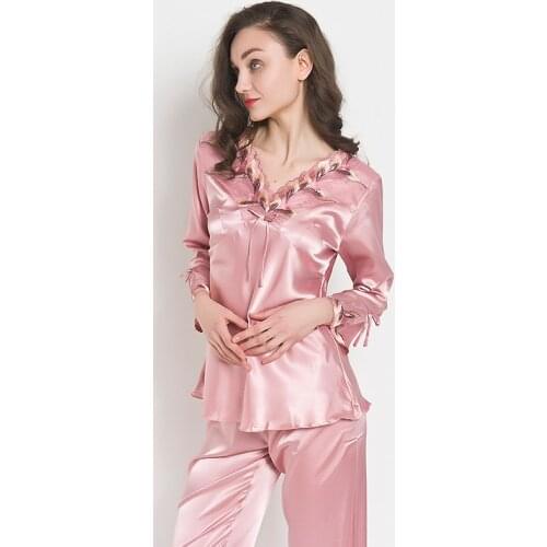 Sexy Imitation Silk Pajamas Women for Pajamas Set Ladies Loose Long-sleeved Suit Elastic waist pants Mom Home Clothes Sleepwear