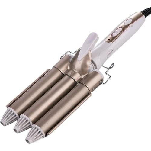 Large Three-Stick Curler Egg Roll Head 3 Tube Ceramic Curling Iron Salon Home Use with EU/UK Plug (Golden 25mm)