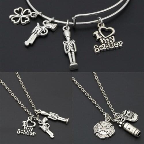 1pc Firefighter Necklace Fireman Charms Clover Gun Pendant I Love My Soldier For Fireman Gift Men Jewelry