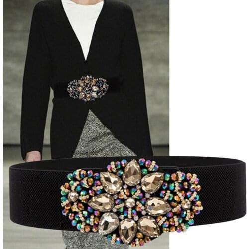 Spring Summer Fashion Designer Women Green Rhinestone Flower Patchwork Elastic Wide Waist Belt , Dress Beads Waistband For Woman