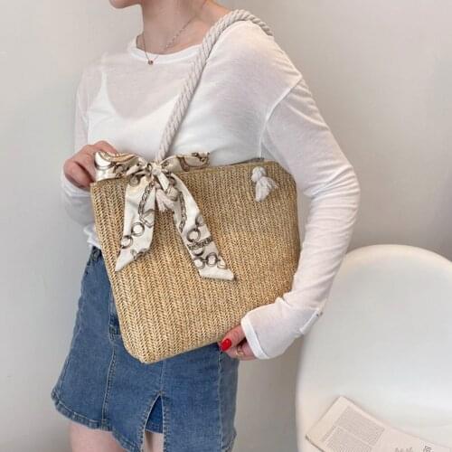 Summer Straw Beach Bag For Women 2021 Large Capacity Open Pocket Bags Rattan Woven Handbags Female Silk Scarf Bohemia Travel Bag