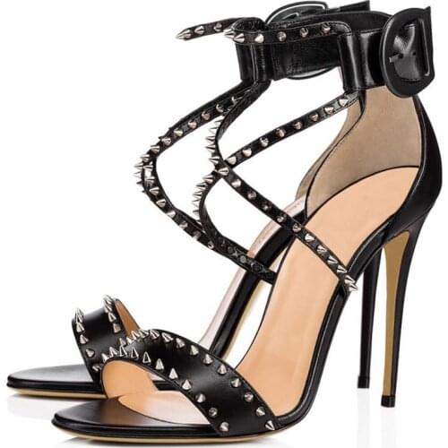 Unisex Men Women Sexy Open Toe Ankle Strap Metal Rivets Stiletto Heel Sandals Black Nude Pumps Size 34 42 43 44 45 US 9 10 12 13