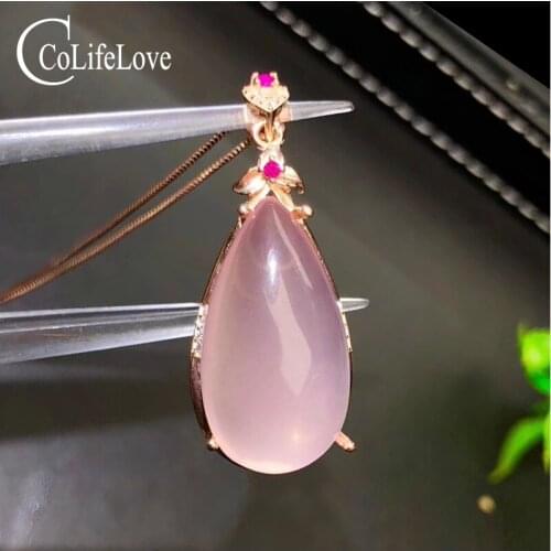 CoLife Jewelry 13mm*25mm 100% natural rose quartz pendant 925 silver rose quartz jewelry for party birthday gift for woman