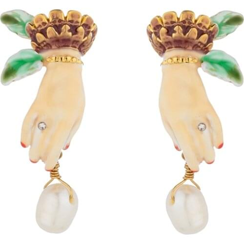 Jaeeyin 2020 Gold Color Stud Earring Hand Made Enamel Freshwater Pearl Cute 3D Gift Women Girl Lady Teen Jewelry