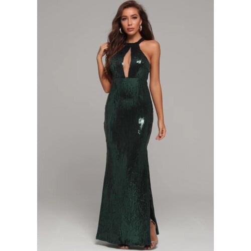 Summer New Celebrity Party Dresses Floor Long Length Hollow Out Halter Sequins Bodycon Women Dresses