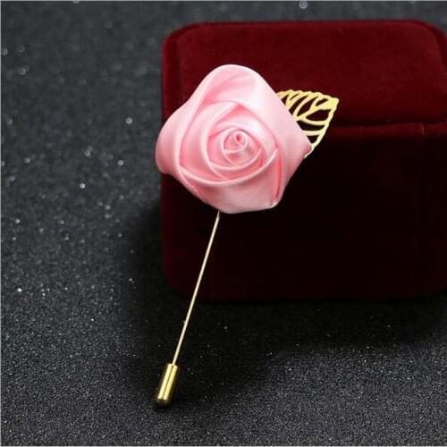 10Pcs Best Man Groom Boutonniere Pink Silk Satin Rose Flower men buttonhole Wedding Party Prom Man Suit Corsage Pin Brooch