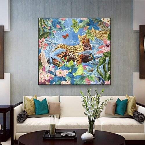 5D Diamond Painting Animal Leopard With Flowers Diamond Embroidery Full Drill Cross Stitch Wall Art Mosaic European Home Decor