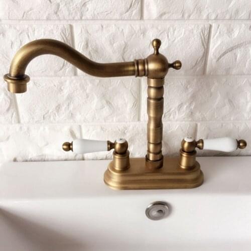 Antique Brass 4" Centerset Bathroom Sink Faucet Swivel Basin Mixer Tap Dual Ceramic Handles Levers man065