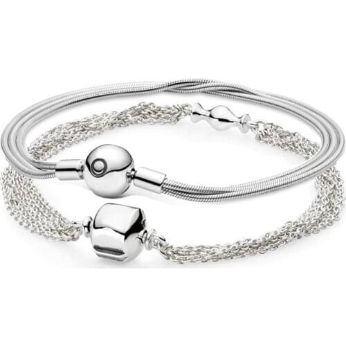 100% 925 Sterling Silver Moments Multi Snake Chain Ball & Barrel Clasp Bracelet Fit Fashion Bead Charm Trendy Diy Jewelry