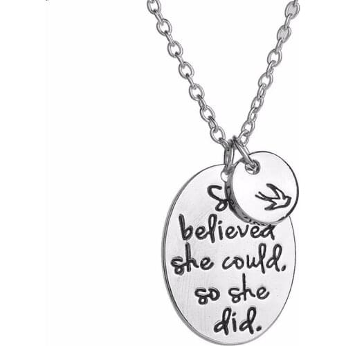 Silver alloy chain letter "she believes she can do it" oval round pendant necklace fashion personalized neck jewelry friend gift